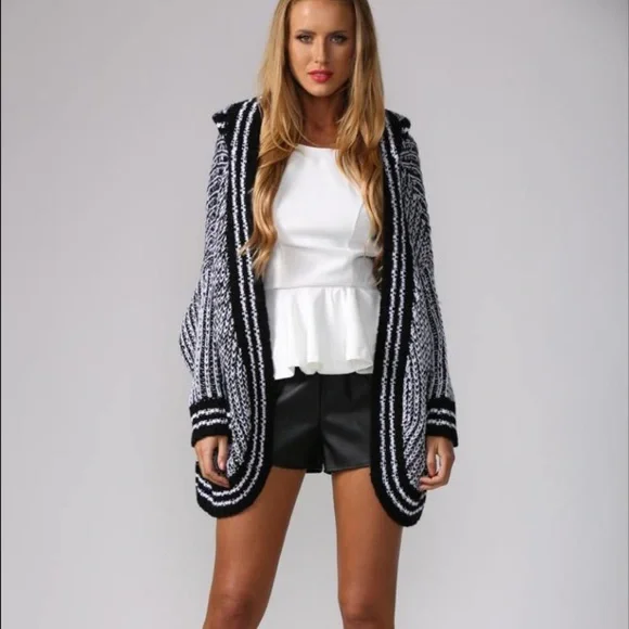 AGGÉL Long Knit Black & White Open Cardigan with Hood Size M EUC - Picture 1 of 16